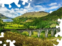 Wiadukt Glenfinnan, Most, Pociąg, Dolina, Glenfinnan, Szkocja, Wzgórza, Jezioro Shiel, Góry