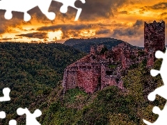 Zamek, Ruiny, Castle Saint-Ulrich, Góry, Ribeauville, Francja, Zachód słońca, Chmury, Lasy