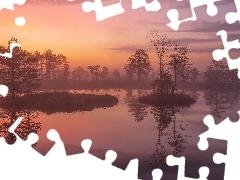 Poranek, Wschód słońca, Mgła, Drzewa, Jezioro
