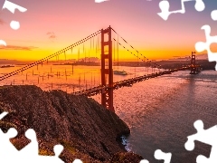Cieśnina Golden Gate, Zachód słońca, Stan Kalifornia, Most Golden Gate Bridge, Stany Zjednoczone