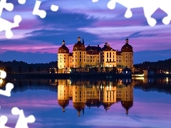 Pałac Moritzburg, Saksonia, Noc, Odbicie, Jezioro, Niemcy