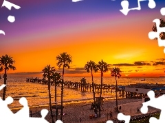 Palmy, Plaża, Stany Zjednoczone, San Clemente, Kalifornia, Molo, Morze, Zachód słońca