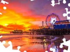 Pacific Park, Kalifornia, Molo, Santa Monica, Stany Zjednoczone, Morze, Zachód słońca