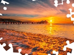 Zachód słońca, Plaża, Kalifornia, Molo, Morze, Malibu, S
