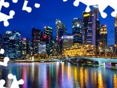 Domy, Central Business District, Singapur, Promenada Esplanade, Most, Oświetlone, Wieżowce, Noc