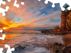 Victoria Beach, Morze, Wieża, La Tour, Kalifornia, Stany Zjednoczone, Skały, Zachód słońca, Klif