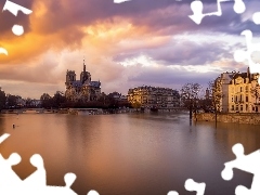 Paryż, Francja, Katedra Notre Dame, Domy, Rzeka Sekwana