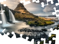 Góra Kirkjufell, Islandia, Rzeka, Chmury, Wodospad Kirkjufellsfoss, Półwysep Snaefellsnes