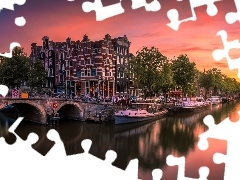 Amsterdam, Holandia, Kanał, Rzeka, Domy, Zachód słońca, Most, Drzewa, Łódki