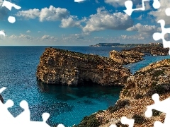 Błękitna Laguna, Malta, Morze, Chmury, Skały
