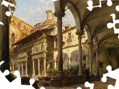Obraz, Malarstwo, Carl Graeb, Dziedziniec, Florencja, Włoch