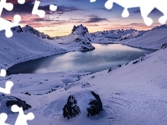 Góry, Jezioro, Park Narodowy Mercantour, Lac de Roburent, Zima, Alpy, Francja