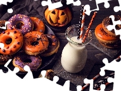 Słomki, Halloween, Donuty, Mleko, Pączki