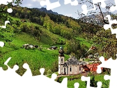 Sanktuarium Maria Gern, Kościół, Góry, Alpy Salzburskie, Bawaria, Niemcy, Drzewa, Berchtesgaden, Lasy