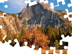 Jesień, Kalifornia, Szczyt Half Dome, Park Narodowy Yosemite, Stany Zjednoczone, Góry, Drzewa