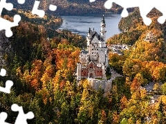 Zamek Neuschwanstein, Bawaria, Drzewa, Schwangau, Niemcy, Jesień, Jezioro Alpsee
