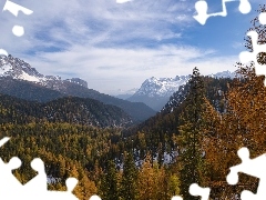 Drzewa, Szczyty, Dolomity, Południowy Tyrol, Dolina, Ośnieżone, Góry, Włochy, Jesień, Lasy