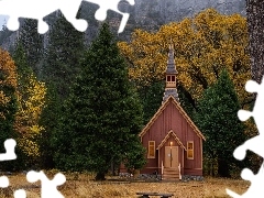 Kościółek, Kaplica, Stany Zjednoczone, Las, Stan Kalifornia, Drzewa, Zima, Park Narodowy Yosemite