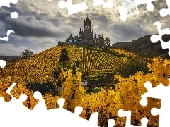 Zamek Reichsburg, Jesień, Gmina Cochem, Niemcy, Plantacja, Wzgórze
