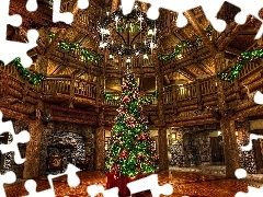Hotel, Wnętrze, Lobby, Orlando, Żyrandol, Boże Narodzenie, Hol, Stany Zjednoczone, Disneys Wilderness Lodge, Choinka