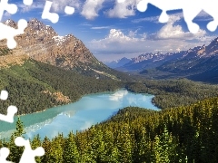 Skały, Jezioro, Chmury, Prowincja Alberta, Drzewa, Park Narodowy Banff, Peyto Lake, Kanada, Góry, Lasy