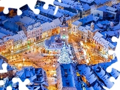 Boże Narodzenie, Braszów, Ratusz, Śnieg, Domy, Rumunia, Stare Miasto, Zima, Noc, Choinka