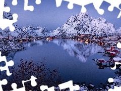 Śnieg, Zima, Morze Norweskie, Góry, Lofoty, Norwegia, Rein