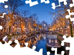 Kanał, Łódki, Holandia, Lampa, Amsterdam, Domy, Ulica, Oświetlenie