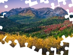 Wasatch Range, Góry, Góra, Mount Timpanogos, Stan Utah, Stany Zjednoczone, Drzewa, Jesień, Lasy