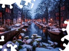 Kanał, Zima, Amsterdam, Holandia, Domy, Śnieg