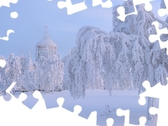 Drzewa, Cerkiew, Zima, Obwód permski, Śnieg, Kopuła, Bia