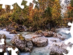 Rzeka, Kamienie, Mostek, Las, Jesień
