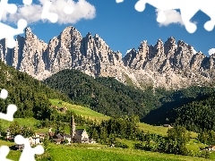 Santa Maddalena, Włochy, Dolomity, Góry, Drzewa, Chmury, K