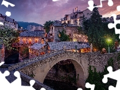 Mostar, Bośnia i Hercegowina, Most, Wieczór, Domy, Miasto