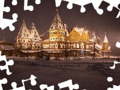 Padający, Zima, Śnieg, Oświetlony, Moskwa, Rosja, Muzeum, Kolomenskoye, Pałac cara Aleksego Michajłowicza
