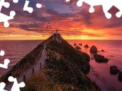 Nugget Point Lighthouse, Ścieżka, Nowa Zelandia, Skały, Otago, Latarnia morska, Morze, Zachód słońca