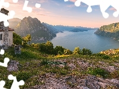 Jezioro, Góry, Iseo Lake, Ławka, Lombardia, Włochy, Drzew