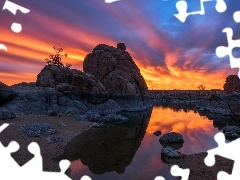 Watson Lake, Skały, Stany Zjednoczone, Odbicie, Arizona, Jezioro, Zachód słońca, Prescott