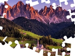 Góry, Dolomity, Wieś Santa Maddalena, Las, Domy, Włochy, 