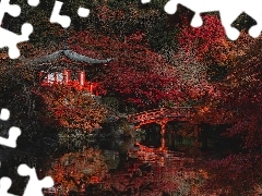 Kioto, Japonia, Świątynia, Bentendo Temple, Jesień, Odbicie, Drzewa, Mostek, Kompleks Daigo-ji