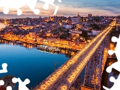 Rzeka Duero, Portugalia, Oświetlony, Most Ponte Dom Luis I, Statek, Porto