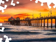 Molo, Huntington Beach Pier, Stany Zjednoczone, Zachód słońca, Kalifornia, Fale, Morze, Huntington Beach