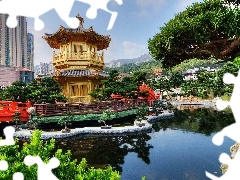 Golden Pavilion Chi Lin Nunnery Temple, Świątynia, Ogród, Chi Lin Nunnery, Hongkong, Chiny, Most, Diamond Hill, Staw