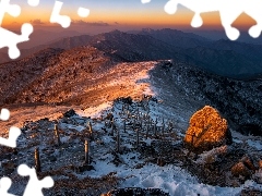 Szlak, Góry, Szczyt, Śnieg, Góra, Wschód słońca, Baekdudaegan, Korea Południowa, Skała, Deogyusan