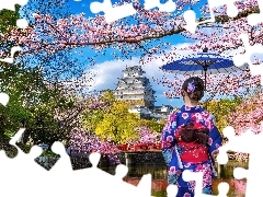 Kwitnące, Zamek Białej Czapli, Kobieta, Miejscowość Himeji, Parasolka, Zamek Himeji, Rzeka, Japonia, Drzewa, Wiosna