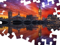 Londyn, Most, Rzeka Tamiza, Westminster, Zachód słońca, Anglia, Wielka Brytania, Big Ben