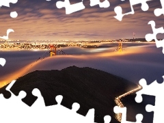 Golden Gate Bridge, San Francisco, Miasto, Most, Stany Zjednoczone, Mgła, Światła