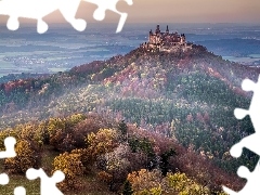 Jesień, Drzewa, Niemcy, Lasy, Badenia-Wirtembergia, Zamek Hohenzollern, Góra Hohenzollern, Wzgórza