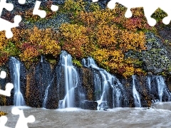Wodospad Hraunfossar, Jesień, Roślinność, Islandia, Poż