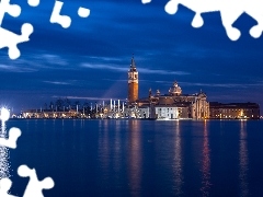 Wyspa San Giorgio, Żaglówki, Kościół San Giorgio Maggiore, Noc, Światło, Wenecja, Włochy, Latarnia